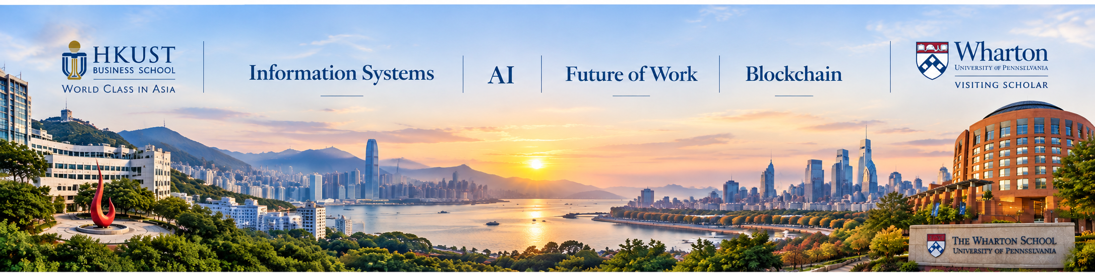 HKUST Business School and Wharton research banner highlighting Information Systems, AI, Future of Work, and Blockchain